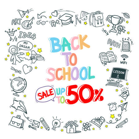 back to school stationery supply item discount doodle icons pattern background. hand drawn cartoon education sign and icon symbols isolated on white backgroundのイラスト素材