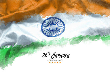 Illustration of Happy Indian Republic day for poster or banner background. flag of India painting by watercolor on canvas texture with Ashoka wheel for national Indian holidays celebration on Januaryの写真素材