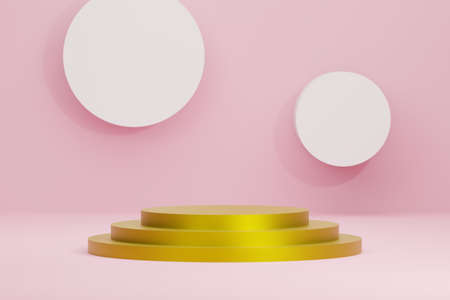presentation shape with round circular pedestal gold podium for product display on pink color background, stand for product advertising promotion banner in minimal style with copy space, 3d renderingの写真素材
