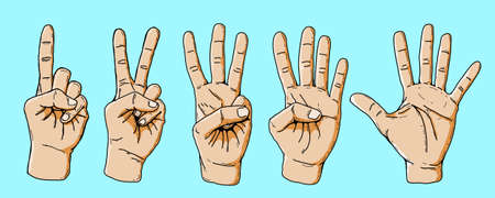 vector set posture of counting fingers 1-2-3-4-5 isolated on blue background, cartoon sketch drawing style. body language gesture , finger language, sign language, finger alphabetのイラスト素材