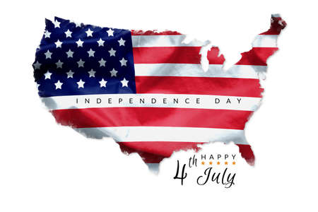 happy 4th July Independence Day greeting card American flag grunge background on America geography map shape isolated on whiteの写真素材