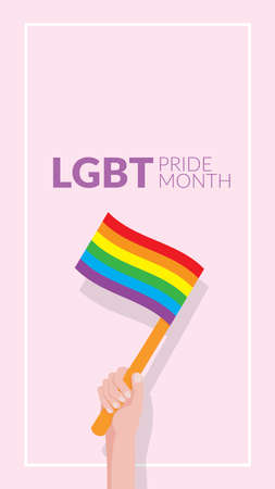 vector of hand holding rainbow flag isolated on pink background with text LGBT Pride Month , verticalのイラスト素材