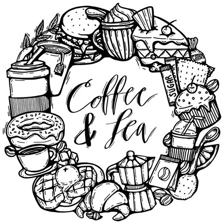 cute doodle cartoon coffee and bakery shop. vector outline hand drawn for coffee and bakery for cafe menu, including supply item and equipment isolated on white background. drawingのイラスト素材