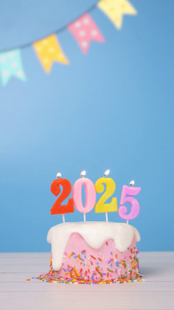 Happy New Year 2025, cute cake with colorful candle number 2025 for new year celebrate party was lit. flame at candlewick sway and flicker with blue background, verticalの写真素材