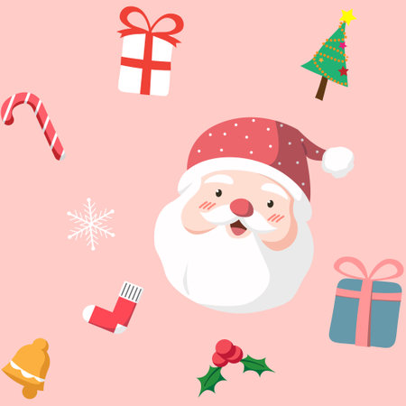 Christmas seamless pattern background, with cute cartoon of Santa Claus head, ornament, Christmas tree, candy canes, snowflake, gift box, bell, sock isolated on pink backgroundのイラスト素材