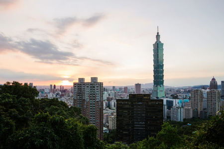 View of Taipei 101 taken from the top of elephant mountain at Sunset