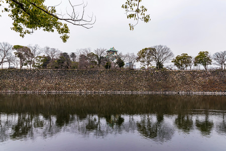 Himeji castle from the outside with a view of the wall and riverのeditorial素材
