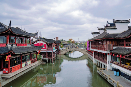 Shanghai, China - March 09, 2016: newly restored buildings in traditional style in Qibao ancient water town which is a popular tourist destination in Shagnahiのeditorial素材