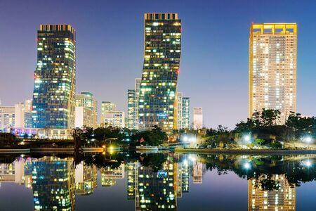 Architecture at night in downtown Incheonの写真素材