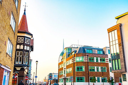 PORTSMOUTH, UNITED KINGDOM - JUNE 06: Portsmouth downtown area where there are many expensive apartments and traditional English buildings on June 06, 2016 in Portsmouth.のeditorial素材