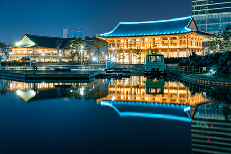 INCHEON, SOUTH KOREA - FEBURARY 10: Architecture in Incheon Central Park at night time which is the center of the city's financial district and a famous landmark on Feburary 10, 2016 in Incheon.のeditorial素材