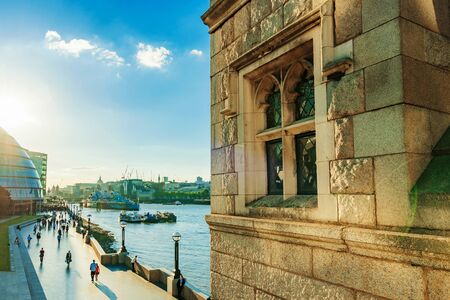 LONDON - JULY 06:  View from tower bridge over river Thames promenade and British architecture on a sunny day on July 06, 2016 in Londonのeditorial素材