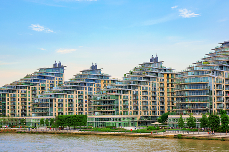 LONDON - AUGUST 25: These are modern waterfront apartment buildings which have recently been developed in Wandsworth on August 25th, 2016 in Londonのeditorial素材