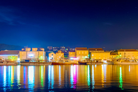 Trogir seafront with buildings at nightの写真素材