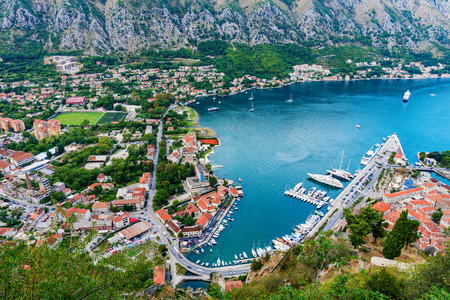 Aerial view of Kotor bay with buildingsの写真素材