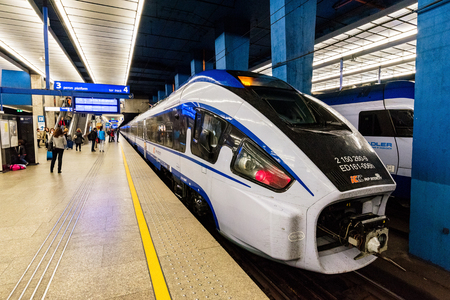 WARSAW, POLAND - OCTOBER 4: This is an express train platform in Warsaw main station which takes passengers to other cities in Poland on October 4, 2016 in Warsawのeditorial素材