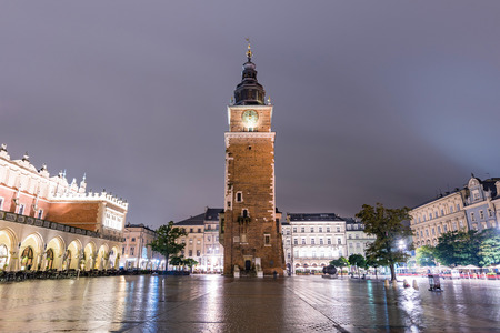 View of old town Square at night in Krakowの写真素材