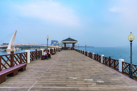 TAIPEI, TAIWAN - JANUARY 05: Pier in Fishermans wharf area in Tamsui where people come to relax and take photos on January 05, 2017 in Taipeiのeditorial素材