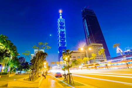 TAIPEI, TAIWAN - MARCH 04: This is a view of Taipei 101 from a road in the Xinyi financial district at night on March 04, 2017 in Taipeiのeditorial素材