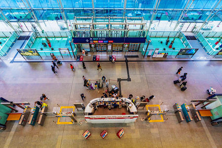 HONG KONG, CHINA - APRIL 25: This is a view of Hong Kong station entrance and airport check-in area where people can check-in early or purchase train tickets on April 25, 2017 in Hong Kongのeditorial素材