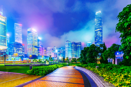 View of skyscrapers and architecture from Tamar park in the financial district of Hong Kongのeditorial素材
