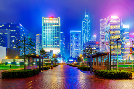 HONG KONG, CHINA - APRIL 25: Night view of skyscrapers and architecture from Tamar park in the financial district of Hong Kong on April 25, 2017 in Hong Kongのeditorial素材