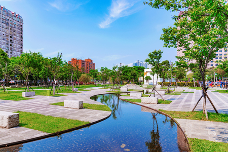 TAIPEI, TAIWAN - APRIL 30: This is a view of a modern park in the Banqiao district the park is located just outside the Banqiao mrt station and is popular with locals on April 30, 2017 in Taipeiのeditorial素材