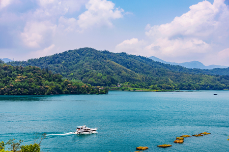 View of Sun Moon Lake  nature and boat in Taiwanの写真素材
