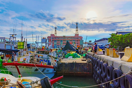 TAIPEI, TAIWAN - JULY 05: This is a view of Tamsui fisherman's wharf boat yard which is a fmous landmark in Taipei well known for its scenic views on July 05, 2017 in Taipeiのeditorial素材
