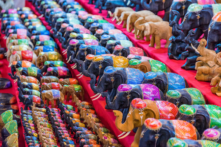 CHIANG MAI, THAILAND - JULY 30:  Wooden elephant ornaments in a souvenir stand in a night market on July 30, 2017 in Chiang Maiのeditorial素材