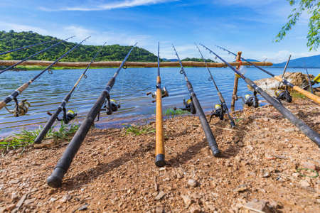 Fishing rods in Bang Phra lake in Thailandの写真素材