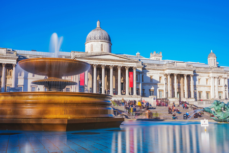 LONDON, UNITED KINGDOM - FEBRUARY 07: View of the famous Natonal Gallery museum with Trafalgar Square fountain on February 07, 2018 in Londonのeditorial素材