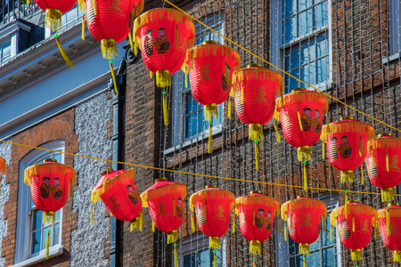 LONDON, UNITED KINGDOM - MARCH 21: Chinese New Year decorations and architecture on Gerrard street in Chinatown on March 21, 2018 in Londonのeditorial素材