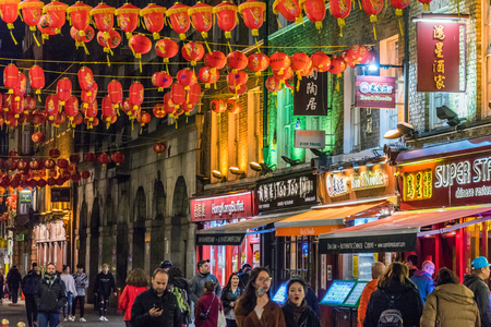 LONDON, UNITED KINGDOM - MARCH 26: This is a night view of a street in Chinatown, which is a famous travel destination in the downtown area on March 26, 2018 in Londonのeditorial素材