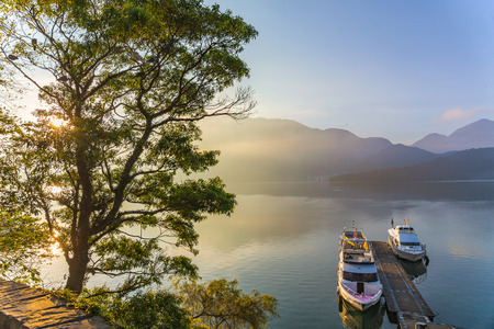 View of Sun Moon Lake at sunrise in Taiwanの写真素材