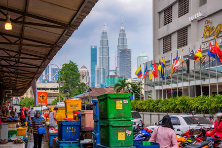 KUALA LUMPUR, MALAYSIA - JULY 22: View of Petronas Towers from Chow Kit market on July 22, 2018 in Kuala Lumpurのeditorial素材