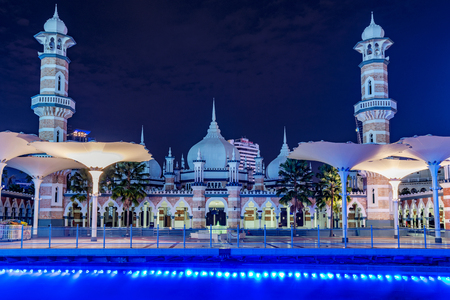 KUALA LUMPUR, MALAYSIA - JULY 22: Masjid Jamek mosqe at night, an historic traditional mosque on July 22, 2018 in Kuala Lumpurのeditorial素材
