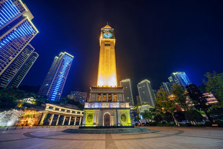 CHONGQING, CHINA - SEPTEMBER 23: Night view of the Clock tower landmark building at the Changjiang Museum of Contemporary Art on September 23, 2018 in Chongqingのeditorial素材