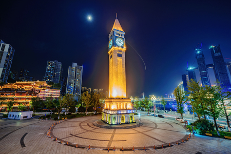 CHONGQING, CHINA - SEPTEMBER 23: Night view of the Clock tower landmark building at the Changjiang Museum of Contemporary Art on September 23, 2018 in Chongqingのeditorial素材