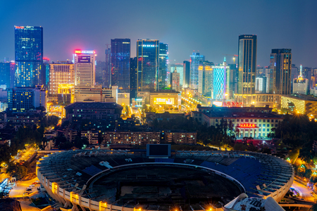 CHENGDU, CHINA - OCTOBER 04: This is an aerial night view of the downtown financial district skyline on October 04, 2018 in Chengduのeditorial素材