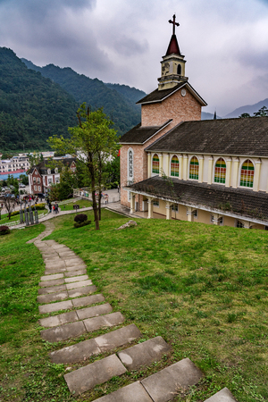 PENGZHOU, CHINA - OCTOBER 06: French church at Bailu Town, a popular tourist destination in the Sichuan Province on October 06, 2018 in Pengzhouのeditorial素材