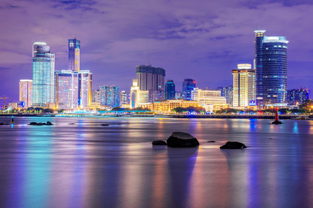 XIAMEN, CHINA -OCTOBER 11: Night view of Xiamen skyline and waterfront architecture from Gulangyu Island on October 11, 2018 in Xiamenのeditorial素材