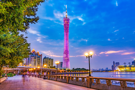 GUANGZHOU, CHINA - OCTOBER 21: This is an evening view of the Canton Tower buildings, a famous skyscraper in the downtown area on October 21, 2018 in Guangzhouのeditorial素材