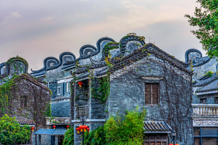 GUANGZHOU, CHINA - OCTOBER 23:  Traditional Chinese architecture at Lingnan Impression Park, a famous tourist destination on October 23, 2018 in Guangzhouのeditorial素材