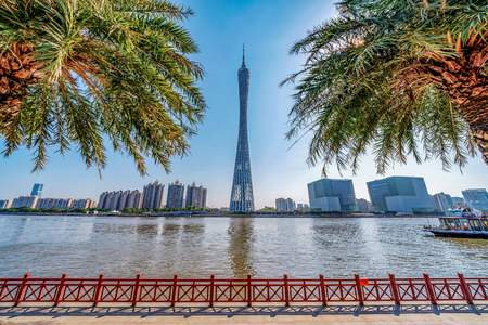 GUANGZHOU, CHINA - OCTOBER 27: View of the famous Canton Tower skyscraper building along the Pearl River on October 27, 2018 in Guangzhouのeditorial素材