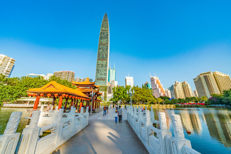 SHENZHEN, CHINA - OCTOBER 28: This is a view of Lihu Lake and the Kingkey 100 skyscraper in Lizhi...
