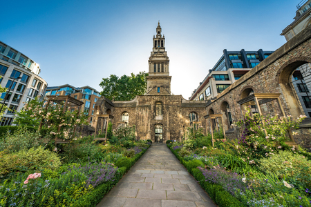 LONDON, UNITED KINGDOM - JUNE 27: This is Christchurch Greyfriars Church Garden, an historic landmark in the Bank financial district on June 27, 2019 in Londonのeditorial素材