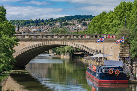 BATH, UNITED KINGDOM - JULY 02: View of an historic medieval bridge along the River Avon on July 02, 2019 in Bathのeditorial素材