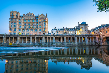 BATH, UNITED KINGDOM, JULY 02: View of historic buildings along the River Avon at dusk on July 02, 2019 in Bathのeditorial素材
