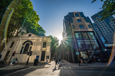 LONDON, UNITED KINGDOM - JUNE 27: This is a view of the London City Presbyterian Church and modern city buildings on Aldersgate Street on June 27, 2019 in Londonのeditorial素材